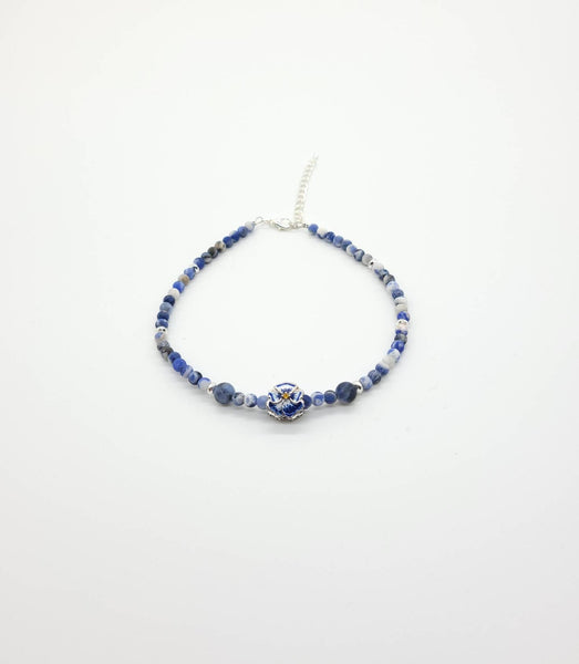 Navy Blue Sodalite Crystal Anklet With Blue Pansy Flower