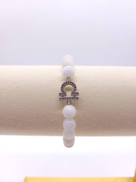 Moonstone Crystal Beaded Bracelet With Silver Libra Zodiac Sign
