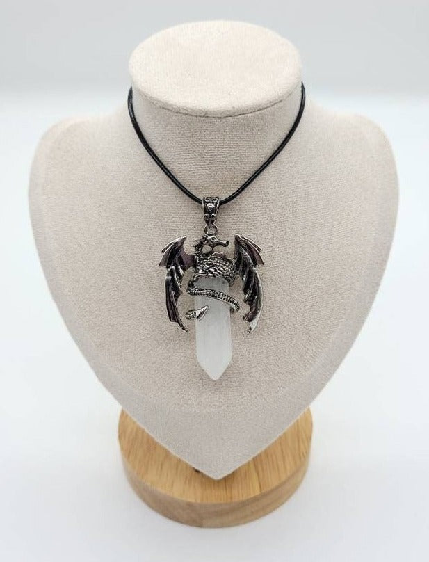 Large Point Clear Quartz Necklace Pendant With Dragon