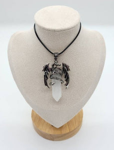 Large Point Clear Quartz Necklace Pendant With Dragon