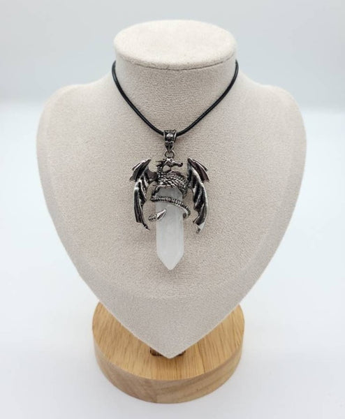 Large Point Clear Quartz Necklace Pendant With Dragon