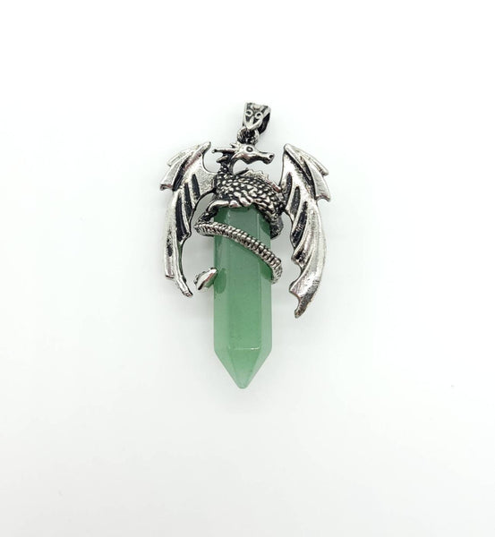 Large Point Green Aventurine Necklace Pendant With Dragon