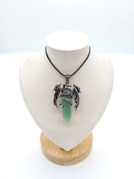 Large Point Green Aventurine Necklace Pendant With Dragon