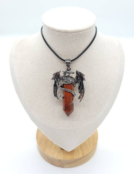 Large Point Red Jasper Necklace Pendant With Dragon