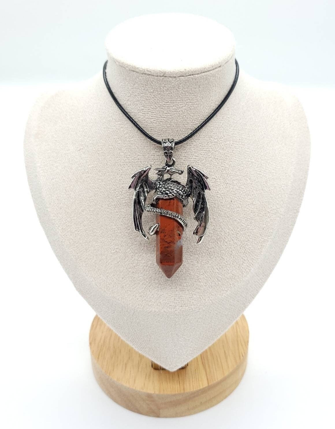 Large Point Red Jasper Necklace Pendant With Dragon