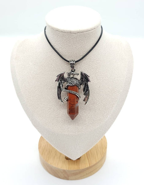 Large Point Red Jasper Necklace Pendant With Dragon