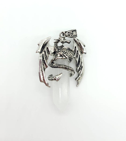 Large Point Clear Quartz Necklace Pendant With Dragon