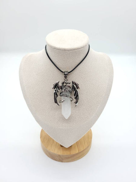 Large Point Clear Quartz Necklace Pendant With Dragon