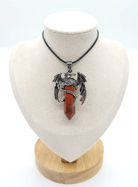 Large Point Red Jasper Necklace Pendant With Dragon