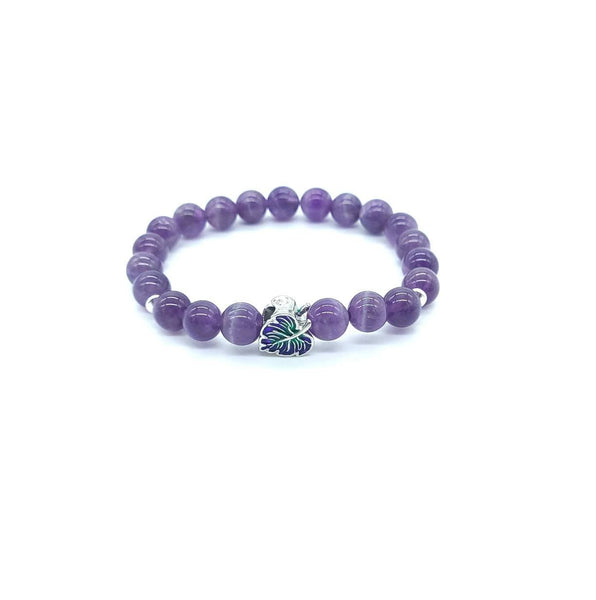 Purple Amethyst Crystal Beaded Bracelet With Silver Leaf Charm