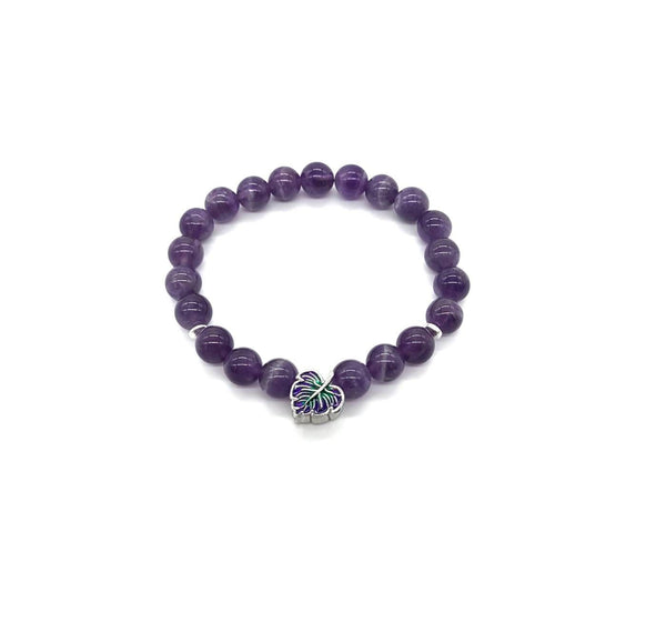 Purple Amethyst Crystal Beaded Bracelet With Silver Leaf Charm