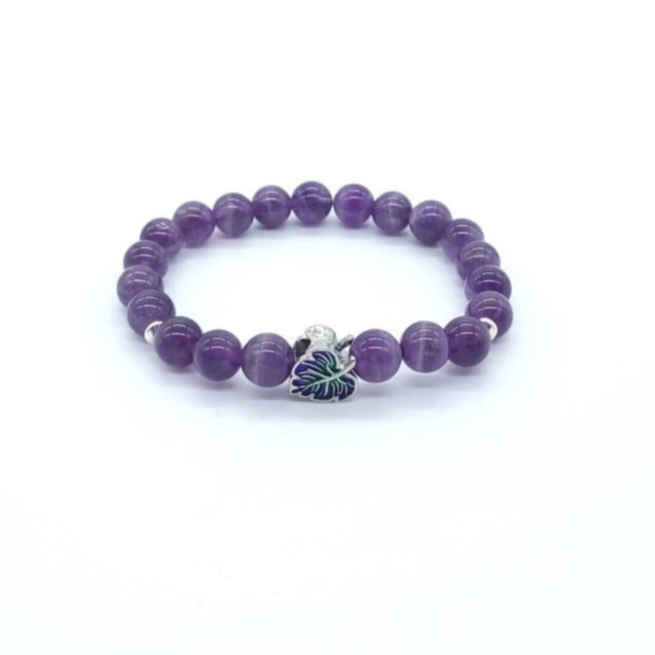 Purple Amethyst Crystal Beaded Bracelet With Silver Leaf Charm