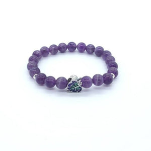 Purple Amethyst Crystal Beaded Bracelet With Silver Leaf Charm