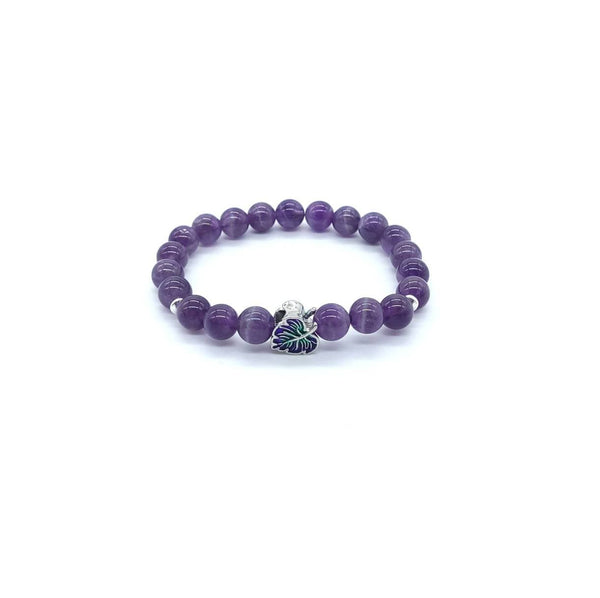 Purple Amethyst Crystal Beaded Bracelet With Silver Leaf Charm