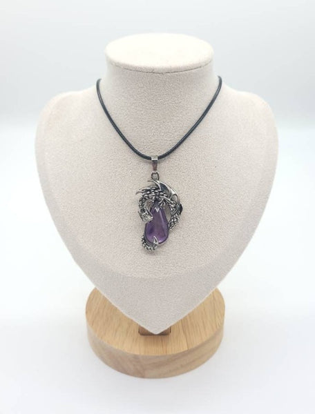 Large Teardrop Amethyst Necklace Pendant With Dragon