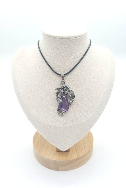 Large Teardrop Amethyst Necklace Pendant With Dragon