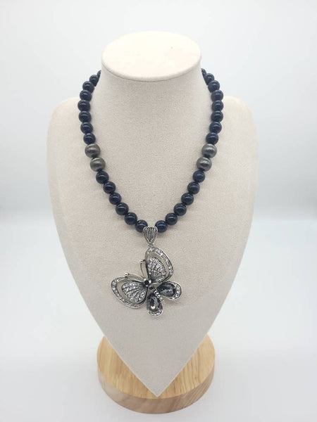 Blue Goldstone Crystal Beaded Necklace With Large Butterfly Pendant