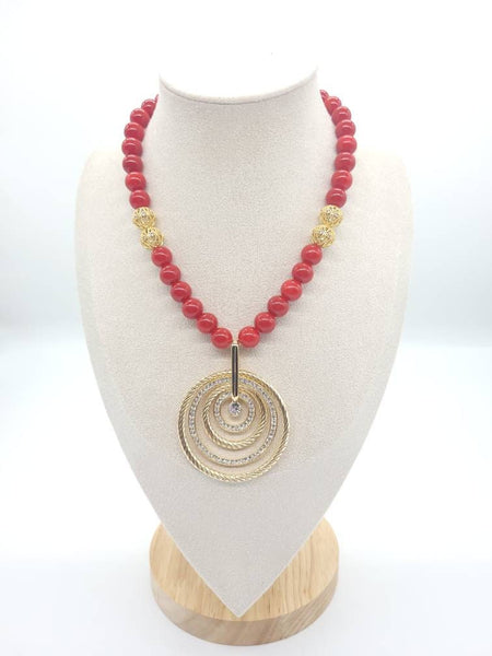 Red Coral Crystal Beaded Necklace With Gold Gemstone Pendant