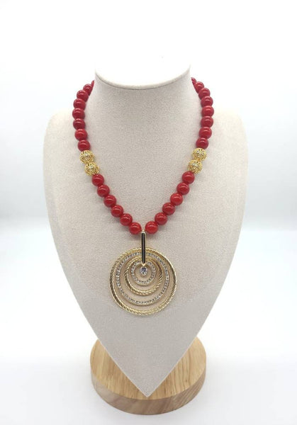 Red Coral Crystal Beaded Necklace With Gold Gemstone Pendant