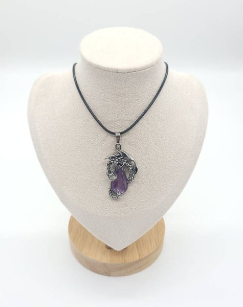 Large Teardrop Amethyst Necklace Pendant With Dragon