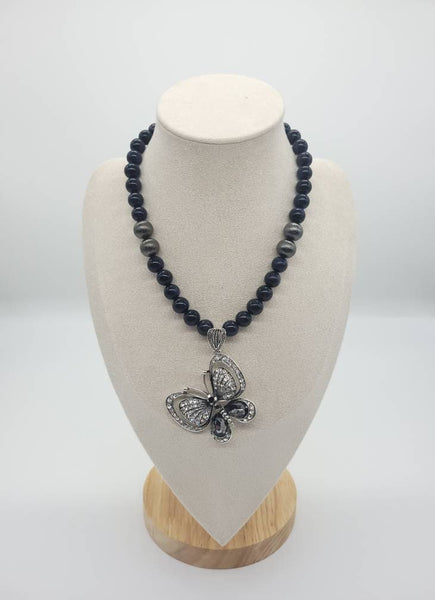 Blue Goldstone Crystal Beaded Necklace With Large Butterfly Pendant