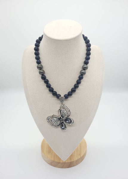 Blue Goldstone Crystal Beaded Necklace With Large Butterfly Pendant