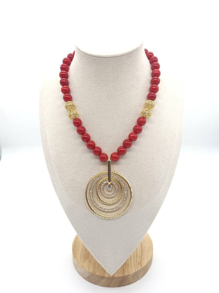 Red Coral Crystal Beaded Necklace With Gold Gemstone Pendant