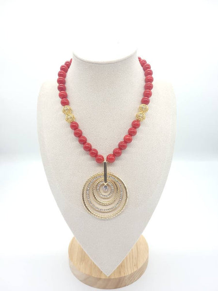 Red Coral Crystal Beaded Necklace With Gold Gemstone Pendant